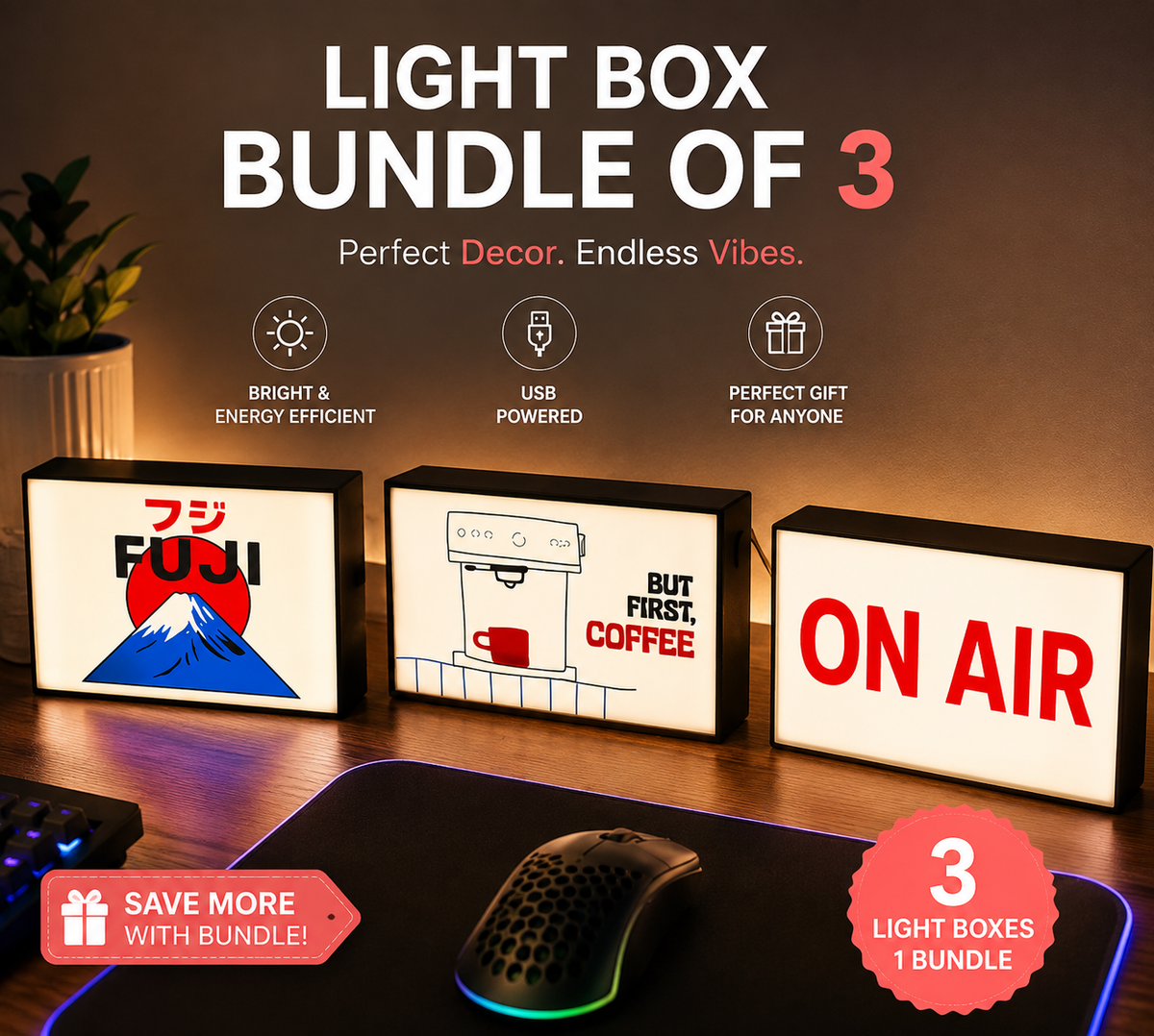 Light Box Bundle of 3 – FUJI, But First Coffee & ON AIR LED Decor